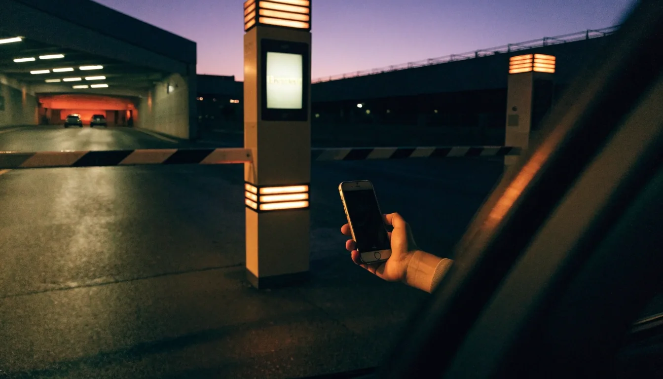 Terminal forecourt at dusk seen from a raised vantage, rows of parked cars on wet concrete