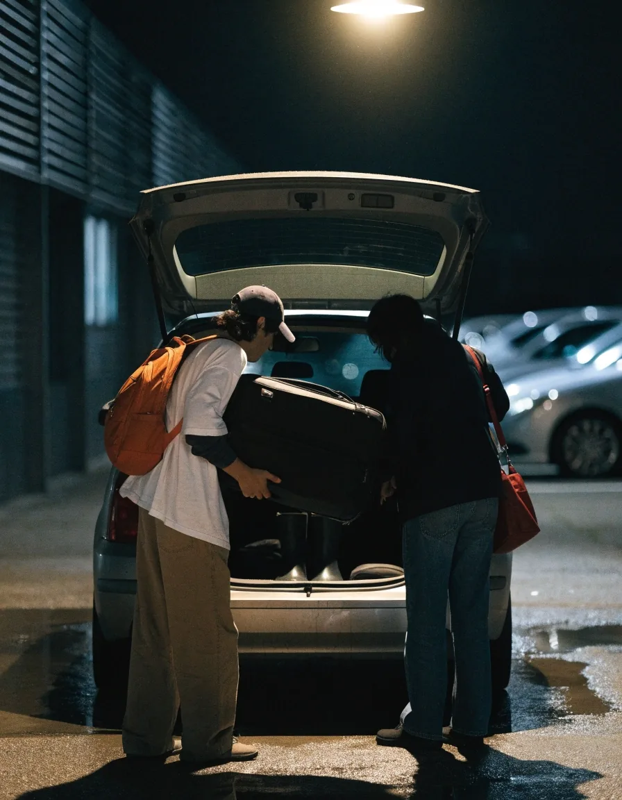 Two travellers lifting luggage from an open car boot in a car park bay under a lamp at night