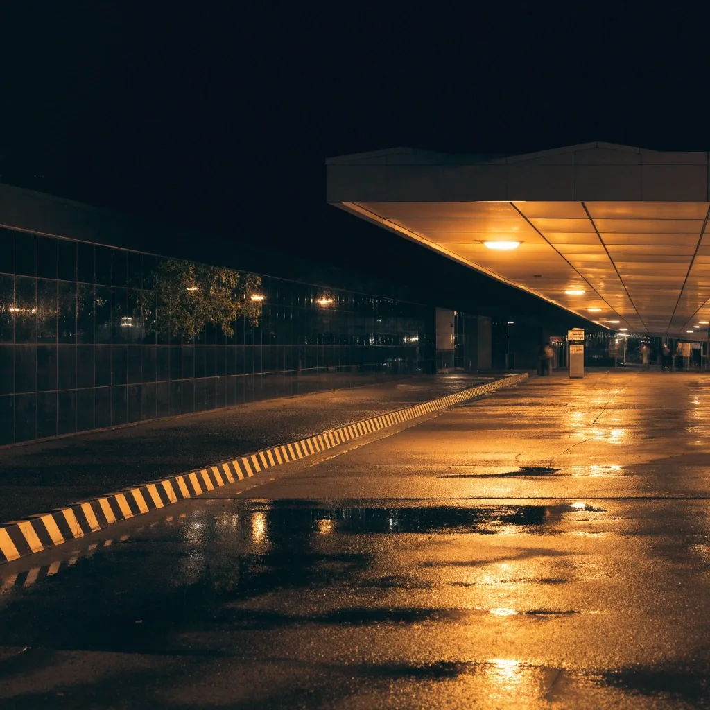 Wet asphalt apron at night beside the entrance to a Sydney Airport car park