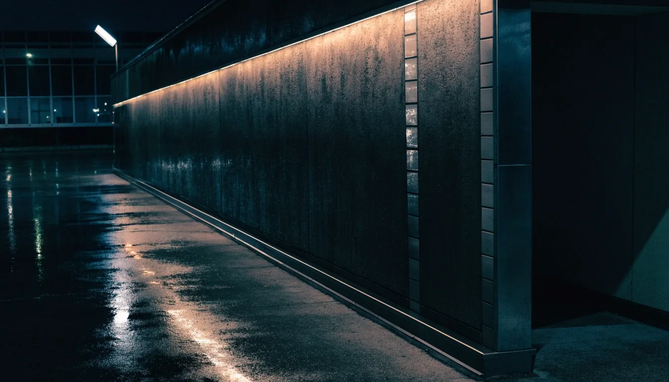 Bare wet concrete concourse wall at night with a thin band of station light