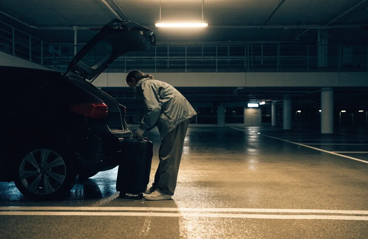 Traveller unloading luggage from a car boot under a car park bay lamp at night