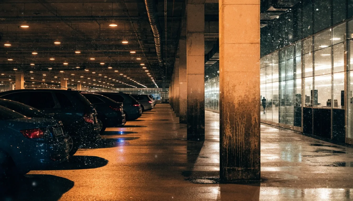 Wet night asphalt apron outside a Sydney airport car park entrance under sodium lighting