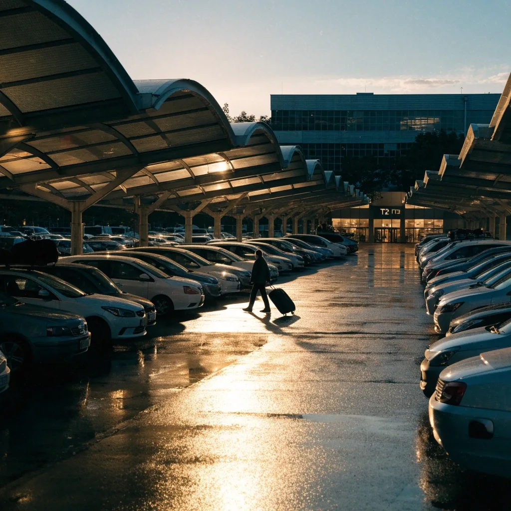 Domestic terminal forecourt at dusk seen from a raised vantage, parked cars in rows and a passenger walking toward the entrance