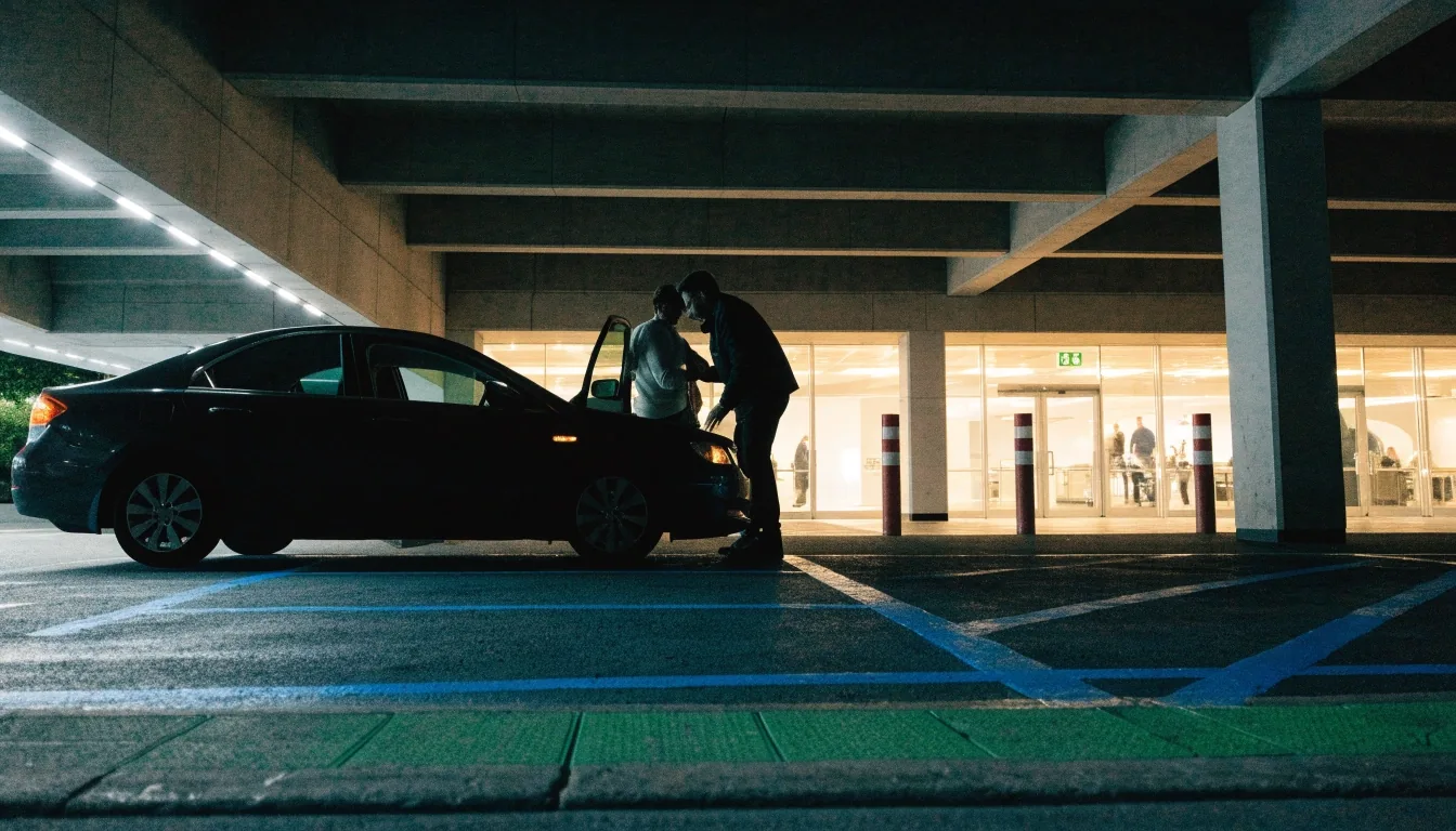 Ground-level parking bays inside a multi-storey airport car park at night, a lit lift lobby in the distance