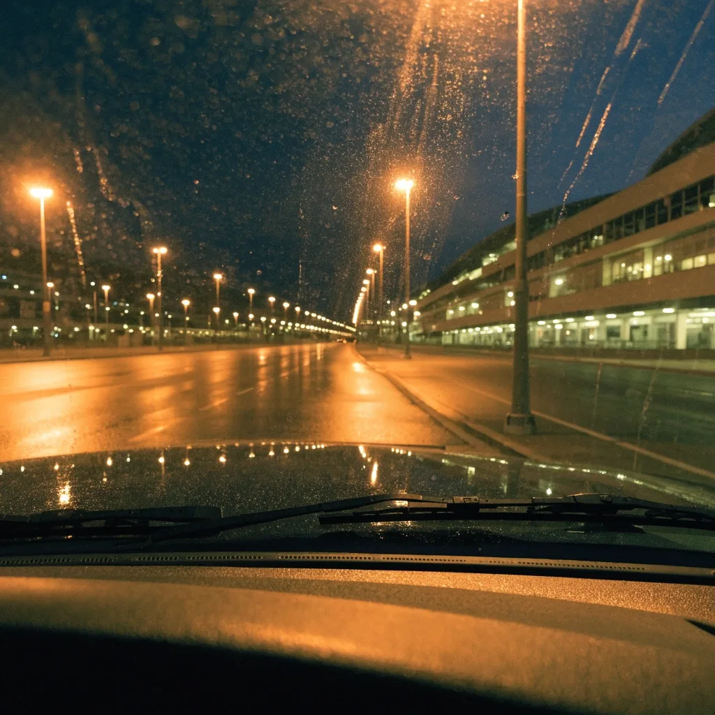 View from inside a parked car looking out over a wet airport car park at night toward the terminal