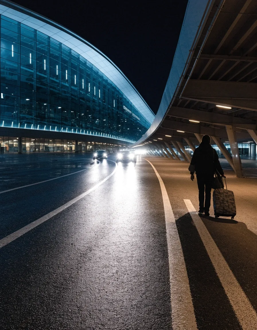 Night approach lane to an international terminal car park with headlights curving toward a lit glass facade