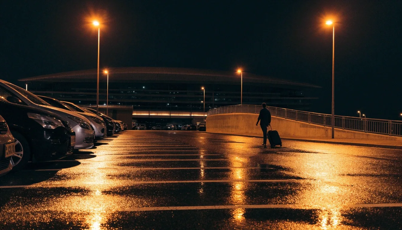 Wet asphalt apron at night with sodium lights pooling on the tarmac beside a car park entrance