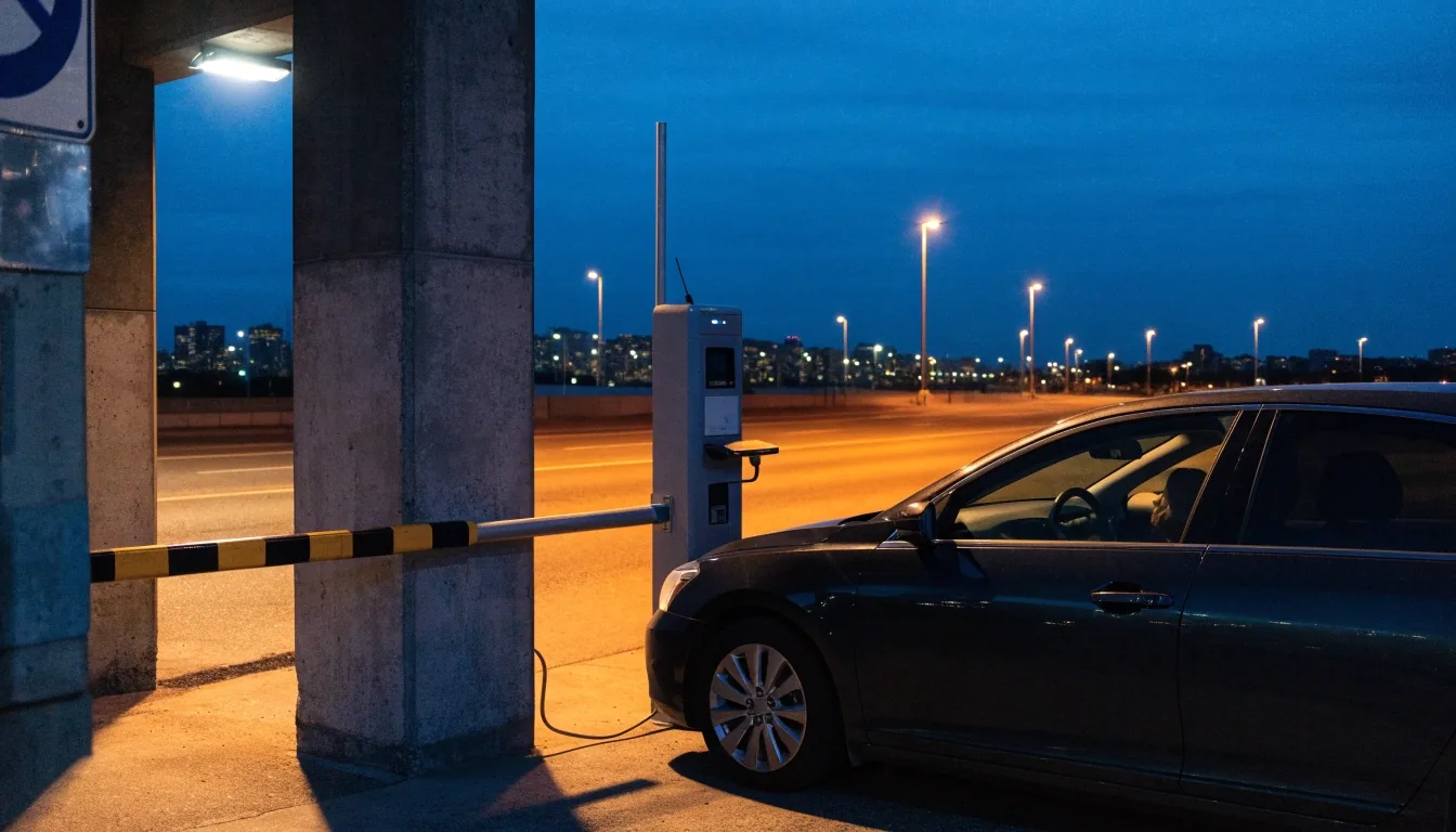 A driver lifting luggage from an open car boot under a car park bay lamp at night