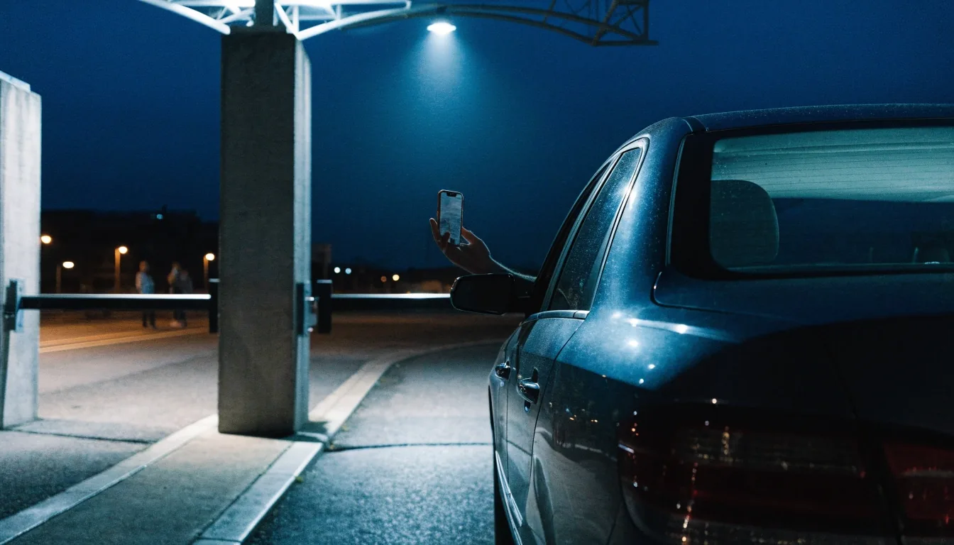A car park entry barrier lane at night photographed from a low angle