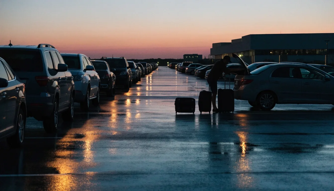 Rows of parked cars on a wet airport parking apron at dusk with terminal buildings behind