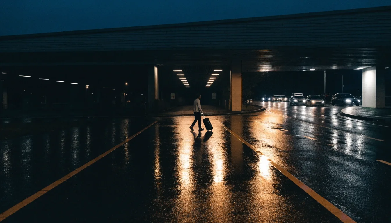 Night approach lane outside the international terminal with wet asphalt and a line of waiting cars