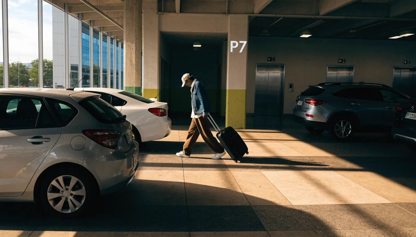 Valet keynote and keys on a steel surface outside an international terminal at night