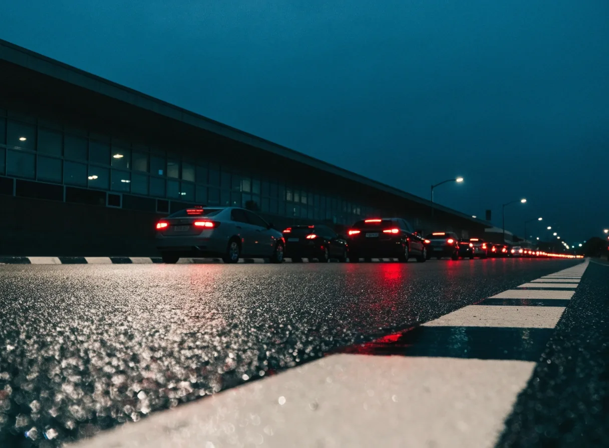 Cars queuing in an airport car park entry lane at night with reflective wet asphalt and stripe kerbing