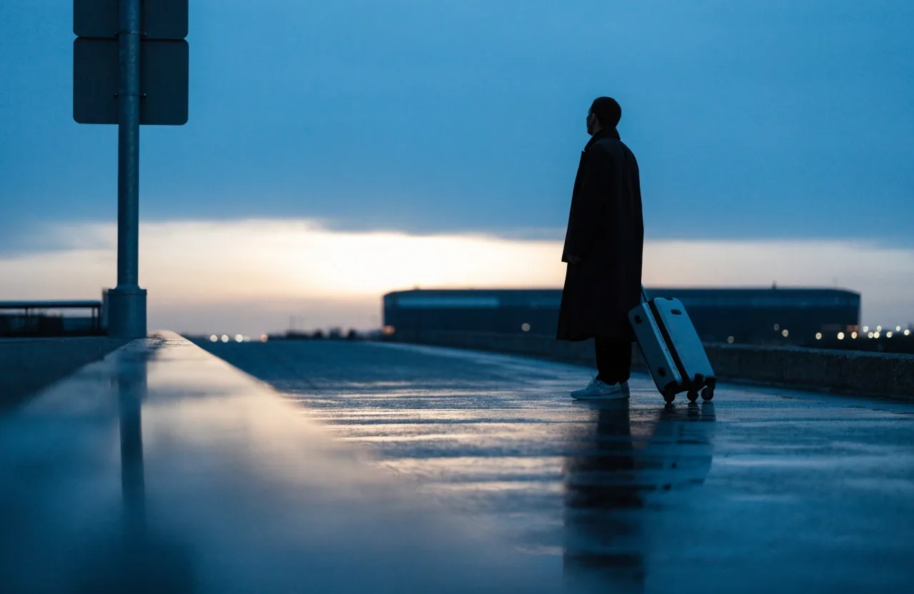 Traveller with a bag pausing on a raised airport walkway beside a parking signpost at dusk