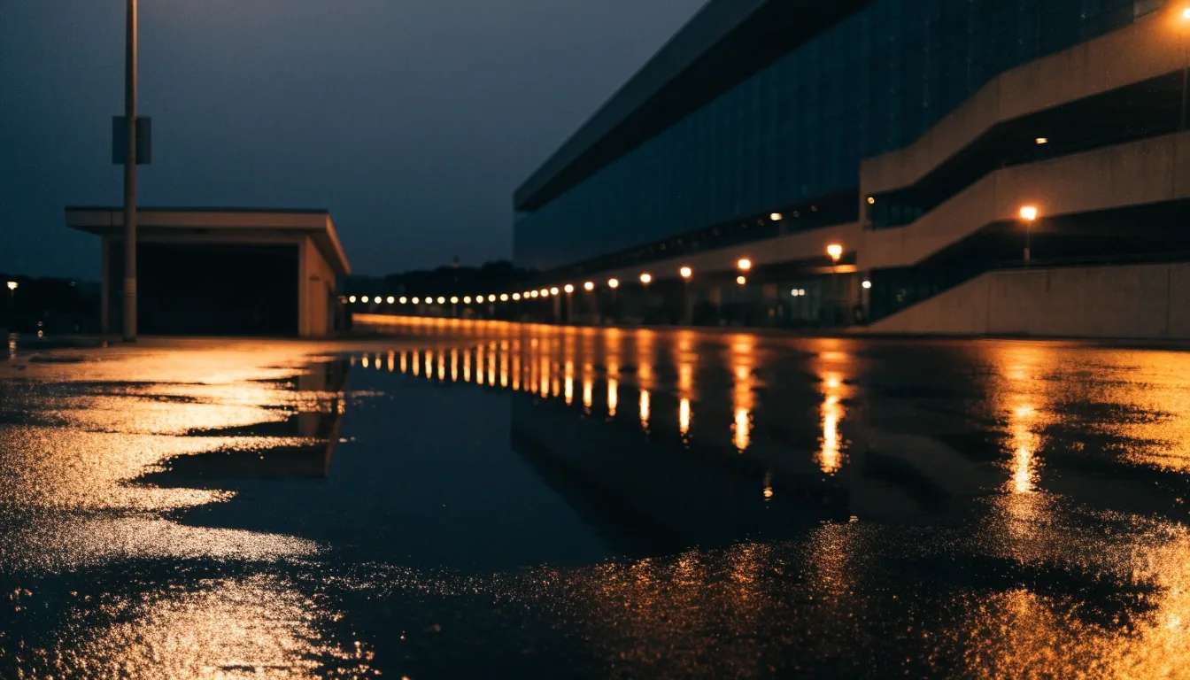 Wet airport forecourt tarmac at night with sodium light reflections near a car park entrance