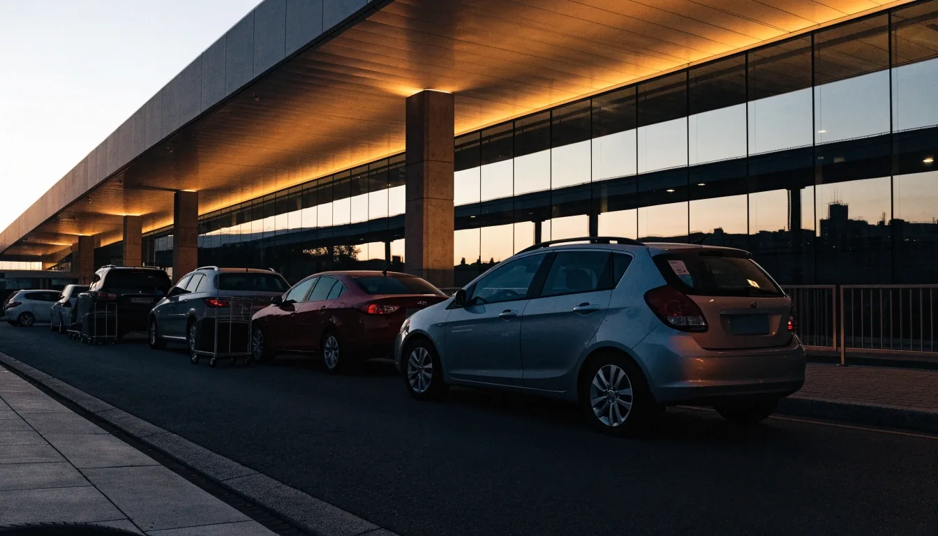Covered airport car park deck at night with parked car rows between concrete columns