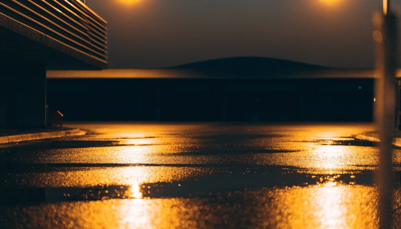 Wet asphalt apron and car park entrance at an airport terminal photographed at night