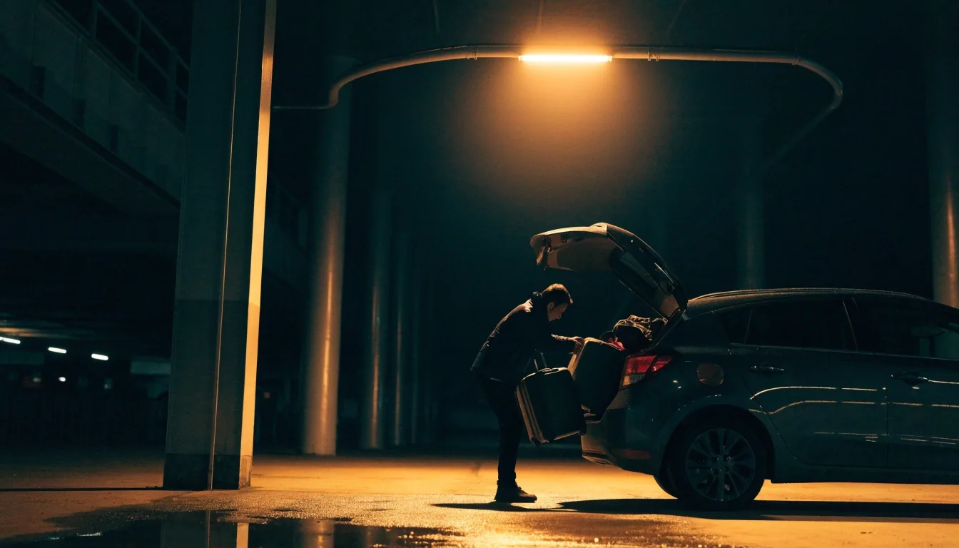 Luggage being unloaded from an open car boot under a car park bay lamp before a flight
