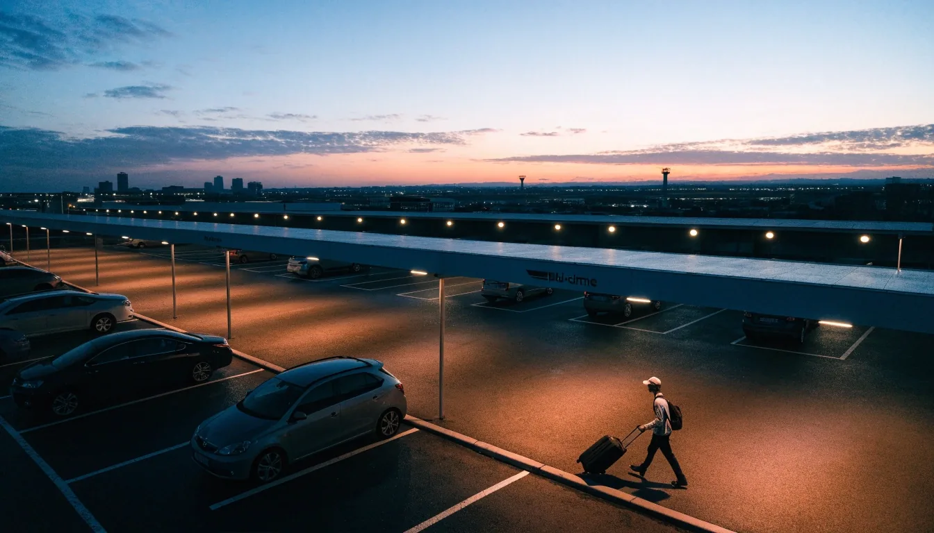Rows of parked cars on a wet domestic terminal forecourt at dusk seen from a raised vantage