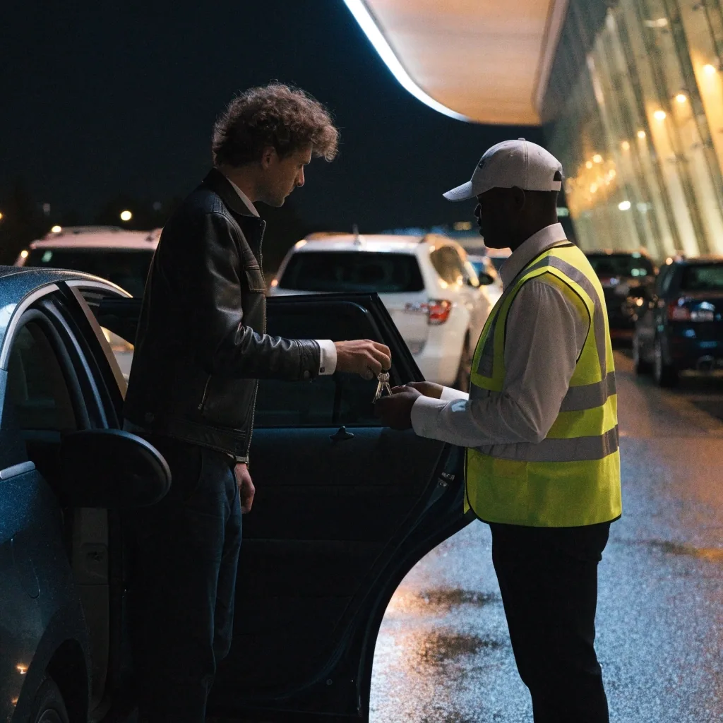 Wet night apron and car park entrance at Sydney Airport where a driver hands over car keys